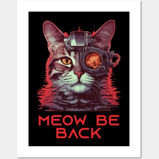 Retro 80s 90s Robot Cat Gifts Sci Fi Pun Funny Cat Posters and Art